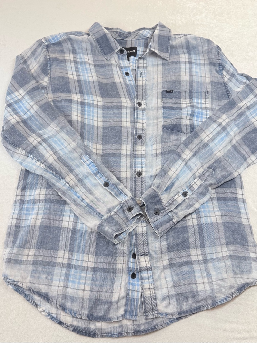 Hurley Light Blue and Gray Plaid Button-Down Shirt